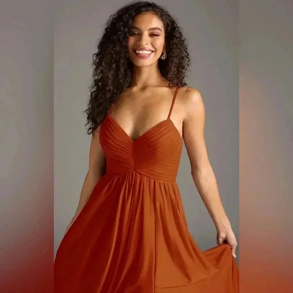 Azazie Paprika Aline Pleated Chiffon Dress in Size A16 - Picture 2 of 11